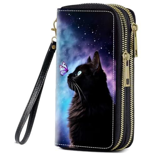 FQTBCEARI Cat and Butterfly Print Women Large Capacity Wallet PU Leather Double Zipper Clutch Purse for Smart Phone/Card/Coin/Cash