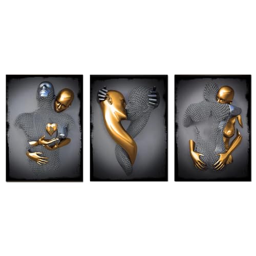 Tableau décoration murales pour salon art moderne affiche 3D gris or couple amour baiser