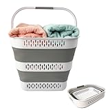 SAMMART Cesto plegable de plástico para la colada de 38 litros, contenedor de almacenamiento plegable y organizador, portátil, ahorra espacio (1, blanco/gris)
