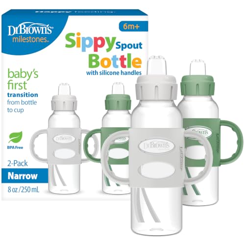 Dr. Brown's Narrow Sippy Spout Bottle with Handles, Green &amp; Gray, 2-Pack
