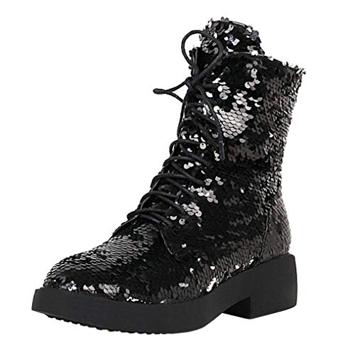 Caradise Womens Lace Up Glitter Combat Boots Chunky Heel Sequin Ankle Booties