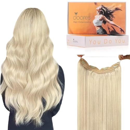 Image of DOORES Wire Human Hair Extensions, Platinum Blonde 95g 16 Inch, Hair Extensions Real Human Hair Transparent Wire Natural Straight Hairpiece Invisible Hair Extensions