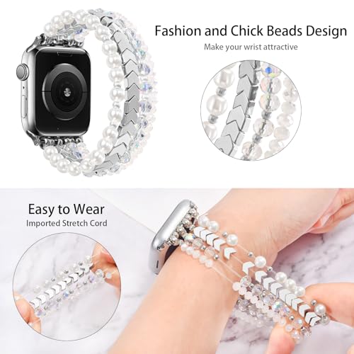 Image of MOFREE Beaded Bracelet Compatible for Apple Watch Band 38mm 40mm 41mm 42mm 44mm 45mm Women,Fashion Handmade Elastic Stretch Strap for iWatch Series SE 8 7 6 5 4 3 2 1