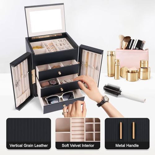 Dajasan Large Jewelry Box for Women, Jewelry Organizer Box with 3 Drawers, Jewelry Storage Organizer with Mirror for Necklace Ring Bracelet Watch, Gift Idea, 8.7 x 7.5 x 9.8 Inches (Black)4