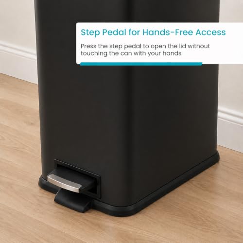 Image of Home Zone Living 8 Gallon Slim Kitchen Trash Can with Soft Close Lid, Step Pedal, Bag Tuck Band, and Removable Liner, Stainless Steel, Matte Black