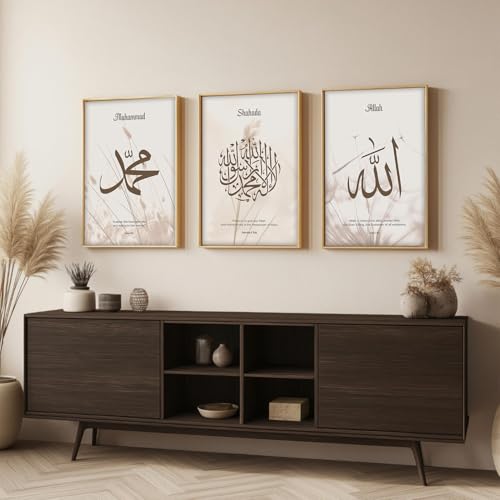 Image of ARTELLY Islamic Wall Painting for Wall Decoration, Set of 3, Arabic Calligraphy Ayatal Kursi, Living Room Bedroom Office Ramadan Decor (Art 5, 19x28 inch)