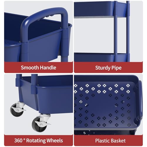 Image of Sywhitta 3-Tier Plastic Rolling Utility Cart with Wheels for Storage,Blue | Multi-Functional Storage Trolley, for Office, Living Room, Kitchen, Bathroom,Movable Organizer,Space-Saving,Easy to assemble