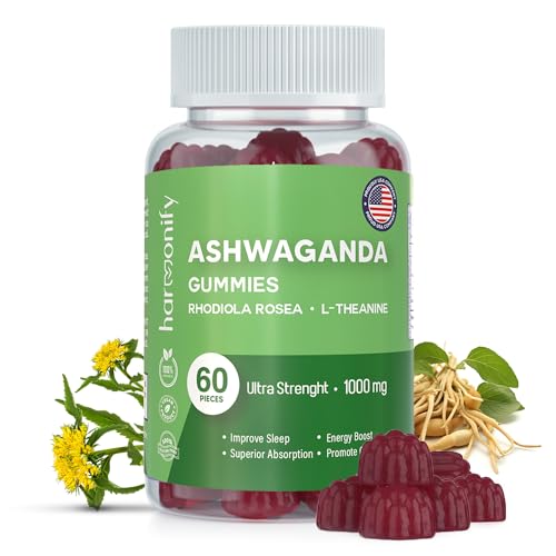 HARMONIFY Ashwagandha Gummies Rhodiola Rosea with L Theanine, Vegan Plant Based, Non-GMO, Support Energy, Relax and Restore, 1000 mg, 30 Days Servings