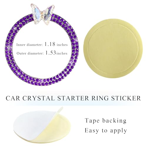 Image of DXNQ 2PCS Bling Ring Emblem, Sparkling Butterfly Car Buttons and Knobs Ring, Girly Butterfly Diamond Car Engine Start Button Cover, Key Ignition Knob Rings Decoration for Women (Purple, Double Row)