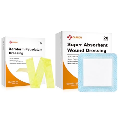 Carbou Medical Xeroform Petrolatum Dressing 1"x8" (Pack de 50) + Super Absorbent Wound Dressing 4"x4" (Pack de 20)