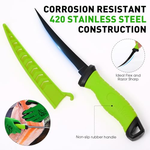 Image of RoundFunny 10 Pcs Fishing Tool Kit, Fishing Pliers with Lanyard and Protective Sheaths, Landing Net, Fillet Knife, Fish Scale, Gripper, Hook Remover, Braid Scissors, Gloves for Men Dad Gift