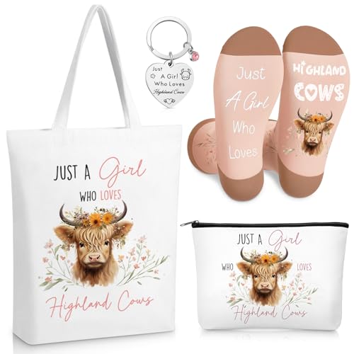 Xuniea 4 piezas de regalos de vaca de las tierras altas para mujeres amantes de las vacas Just a Girl Who Loves Highland Cows bolsa de maquillaje bolso llavero calcetines para Navidad, hermana, amigos