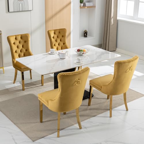 MZDOO Velvet Dining Chairs Set of 2, Tufted Upholstered Dining Room Chairs with Back Ring Pull, Nailhead Trim and Golden Legs, Modern Dinging Chair for Dining Room, Kitchen(Gold) - Thumbnail 2