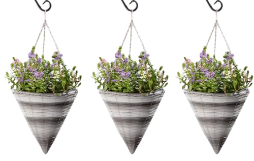 Garden Mile Garden Hanging Flower Basket 14'' Rattan Effect Cone Plant Holder Outdoor Plant Pot Planter with Hanging Chain Wicker Basket Planter Pre- Lined for Easy Planting (3)