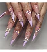 Long Stiletto Press on Nails Purple Fake Nails with 3D Bow Flower Nail Charms French Tip False Na...