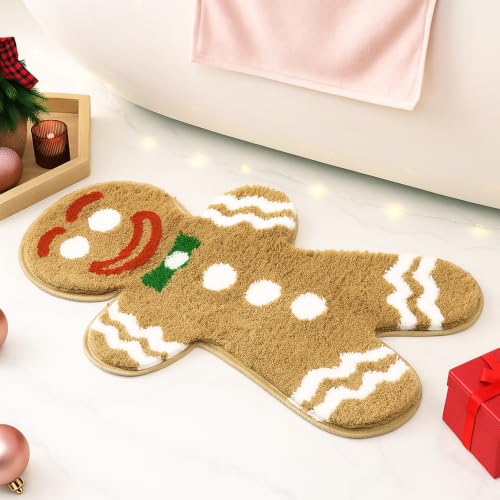 Christmas Bath Mat, Cute Gingerbread Soft Bathroom Rug for Xmas Indoor Non-Slip Floor Carpet Ginger Bread Christmas Decor for Shower Machine Washable