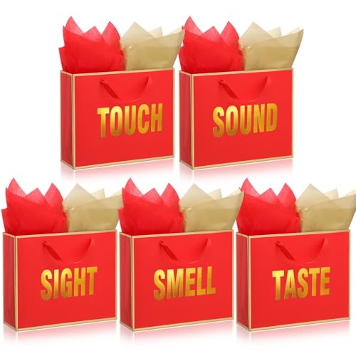 Kolldenn 5 Senses Gift Bags for Him Her Five Senses Gift Bag with Ribbon Handles and Tissue Paper Present Wrappings for Valentine Wedding Birthday Mothers Day(Red,11.8 x 10 x 4 Inch)