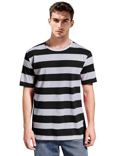 Black and Grey Striped Shirt for Men Wide Stripes T Shirts Crew Neck Short Sleeve Tees Tops S