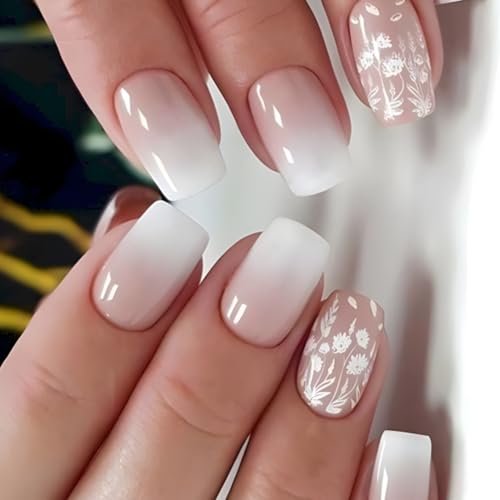 White Gradient Press-On Nails Short Square False Nails with Flowe...
