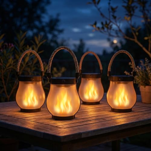 MYLLIUIM Solar Lanterns Outdoor Waterproof 4-Pack Flickering Flame Effect