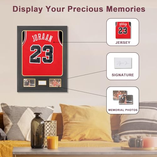 Image of Jinchuan Jersey Frame Display Case with Tempered Glass - Jersey Display Case with Mat -Wall Mount Jersey Shadow Box with Black Mat for Footbal Basketball Sport Shirts, Photos and One Signature,Black