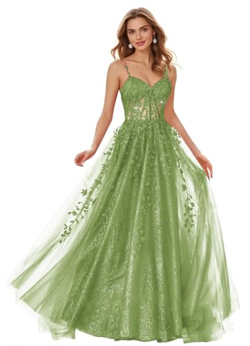 JAEDEN Damen Glitzer Ballkleider Spaghettiträger Abiballkleider Tüll Lang Abschlusskleid Partykleider Staubiger Salbei 36