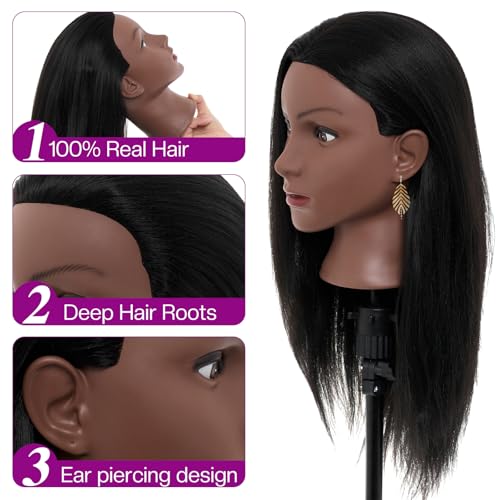 20-22 Inch Mannequin Head Human Hair,Real Human Hair Mannequin Head for Braiding,Cosmetology Manikin Doll Head for Styling with Table Clamp Hair Braiding Set(Brown)