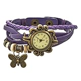 Souarts Artificial Leather Braided Strap Wrap Bracelet Quartz Watch Butterfly Charm Bracelet Purple