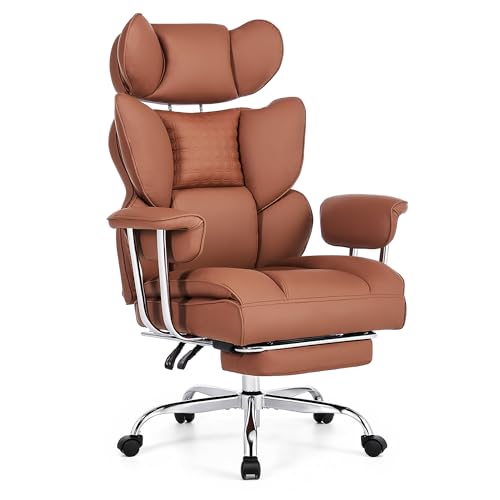 Image of Big and Tall Office Chair 400 LBS, Scratch-Resistant PU Leather Executive Ergonomic Desk Chair with Footrest, Lumbar Support, Wide Reclining Computer Seat for Home Office, Brown