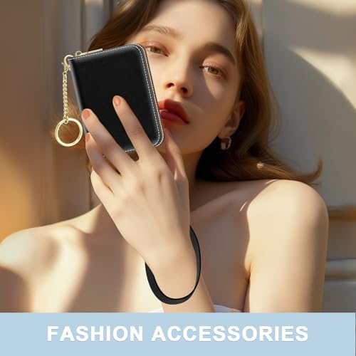 Image of Aiawoxc Credit Card Holder, Small RFID Wallet Slim Leather Card Organizer Case with Zipper and Wristlet Strap, Black