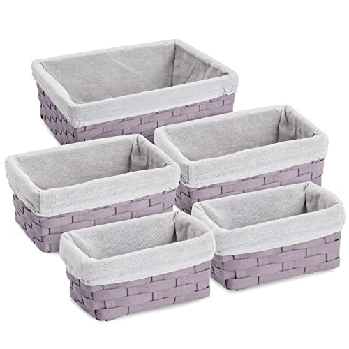 5 Piece Set Woven Nesting Storage Baskets, Decorative Wicker Bins For Organizing, Lavender (3 Sizes) #TOP28