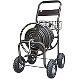 Rocky Mountain Goods Garden Hose Reel Cart - Holds up to 400 feet of 5/8” Hose - Slide Hose Guide System - Heavy Duty Metal Holder - 6 ft leader water hose included - Storage Basket - 10” Steel Wheels