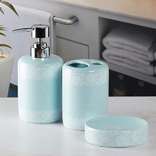 Image of SaSaSa Ceramic Bathroom Set of 3 Modern Bath Accessories Kit with Soap Dispenser, Toothbrush Holder & Dish - Stylish & Elegant Bathroom Decor, Blue (5764)