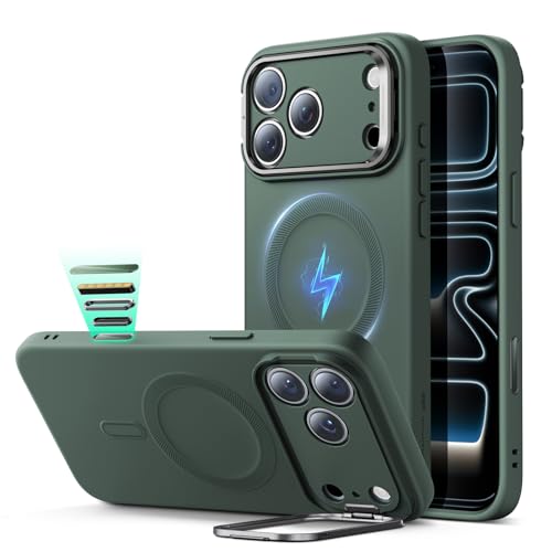 Image of ESR Silicone Case for iPhone 17 Pro Max, Built-in Camera Stash Stand Compatible with MagSafe, Military-Grade Drop Protection Magnetic Phone Case for iPhone 17 Pro Max, Cloud Series, Olive Green