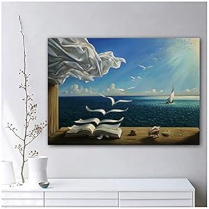 ZMFBHFBH Salvador Dali Canvas Art Print Poster De Golven Boek Zeilboot Foto Canvas schilderij Woondecoratie 60x90cm (23.6×35.4 inch) Met Frame
