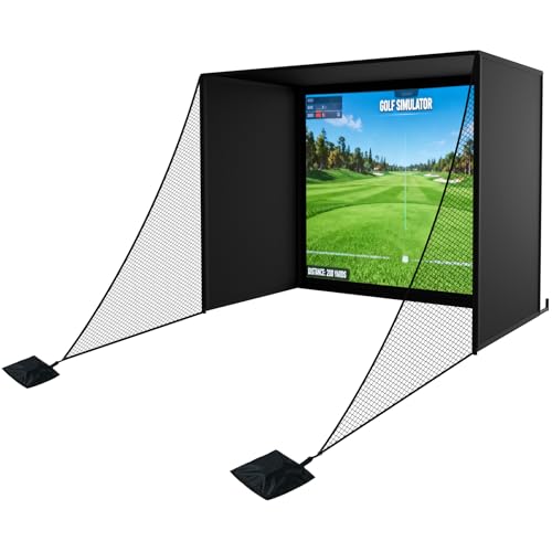 Neoaider Golf Simulator Enclosure 10 x 8 ft, All-in-One Set with Steel Frames, Premium HD Impact Screen, Blackout Curtains, Side Nets & Sandbags, Golf Simulator Enclosure Kit for Home Garage Studio