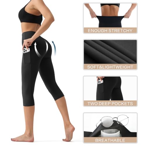 Image of YUDSUD High Waisted Leggings for Women with Pockets - Tummy Control Capris Yoga Pants for Workout Running Athletic Cycling