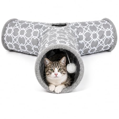 Image of Geometric 3 Way Cat Tunnel with Plush Inside,Cats Toys Collapsible Tunnel Tube with Balls, for Rabbits, Kittens, Ferrets,Puppy and Dogs