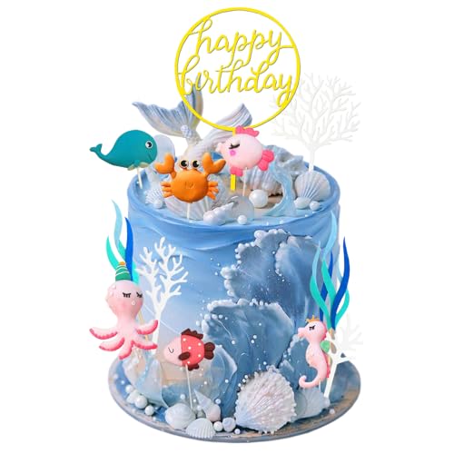 MUYAPAY Adorno para Tarta de Temática Océano 12 Piezas Animales Marinos Decoración para Tartas Cumpleaños Cake Topper Happy Decoracion Tarta Cumpleaños,para Tarta Fiesta de Cumpleaños, HYDGCP-HSQIN-6