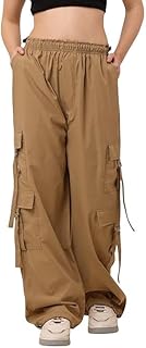 AREAL FASHION Women Soft Polyester Blend Wide Leg Belt Cargo Pants | Elastic Waist | 6 Cargo Pockets | Casual Style | Styl Price In India