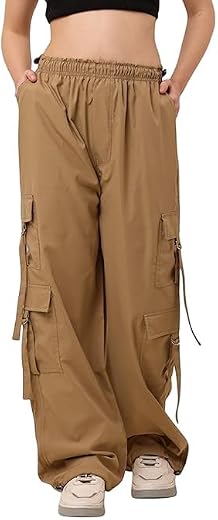 AREAL FASHION Women Soft Polyester Blend Wide Leg Belt Cargo Pants | Elastic Waist | 6 Cargo Pockets | Casual Style | Styl...
