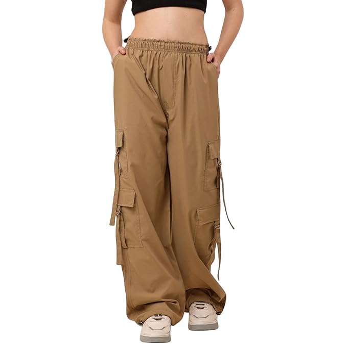 AREAL FASHION Women Soft Polyester Blend Wide Leg Belt Cargo Pants | Elastic Waist | 6 Cargo Pockets | Casual Style | Styl
