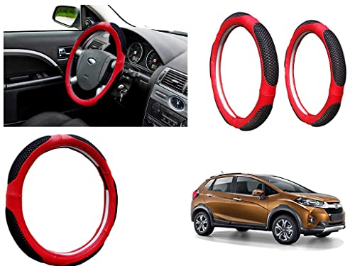 Image of Microfiber Car Steering Wheel Cover, Soft Padding Great Hand Feel, Anti-Slip, Faux Leather Steering Cover for Honda WRV | Black Red Jali - Pack of 1