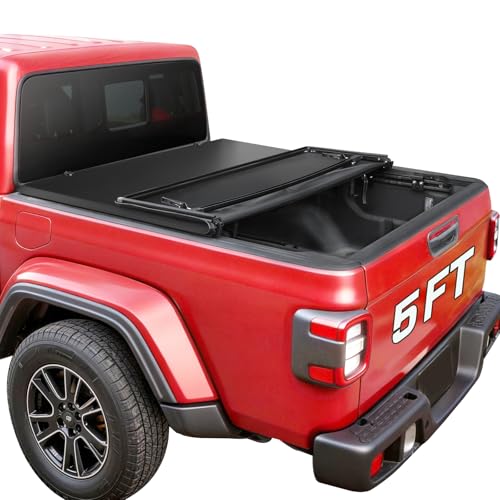 Image of RHOBRA Soft Tri-Fold Truck Bed Tonneau Cover Compatible with 2020-2026 Jeep Gladiator JT 5ft Bed (w or w /o Track Rail System), 26.5oz Heavy-Duty Vinyl, Weather Resistant Bed Cover for Pickup Truck