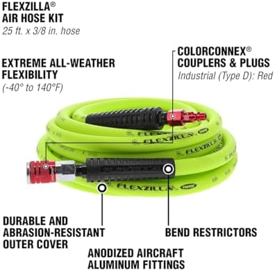 Flexzilla Air Hose with ColorConnex Industrial Type D Coupler and Plug, 3/8 in. x 25 ft., Heavy Duty, Lightweight, Hybrid, ZillaGreen - HFZ3825YW2-D — 사진 3
