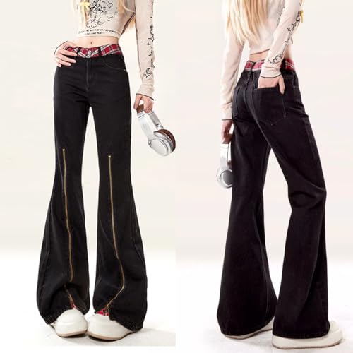 Gothic Fashion Womens Jeans Y2K Casual High Waist Straight Star Plaid Spliced Zipper Leg Flared Denim Pants4