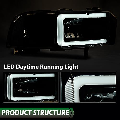 Image of GRAND ORANGE LED Light Strip Headlight Assembly Lamps w /o Bulbs Compatible with Dodge Ram 1500 1994-2001 /Dodge Ram 2500 3500 1994-2002 CH2503101,Smoke Lens Black Housing Clear Reflector Headlamps