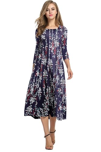 HOTOUCH Floral Print Casual Dresses for Women Grandmother of The Bride Dresses 3/4 Sleeve Dress Flower Purple L