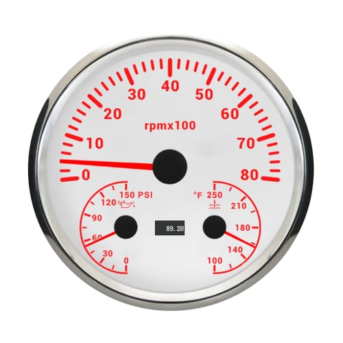 110mm RPM Tachometer Hourmeter Oil Pressure 0-150PSI Water Temp 100-250°F Auto 3 in 1 Gauge with Adjustable Backlights 12V for Car Motorcycle Boat Yacht (White&Silver, 0-8000 RPM)