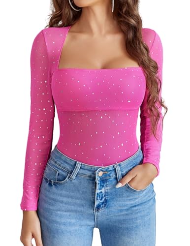 Avidlove Women's Trendy Sexy Square Neck Long Sleeve Rhinestone Sheer Mesh Bodysuits Tops